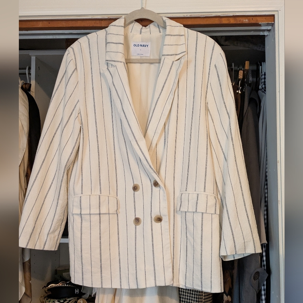 Old Navy Women's Double-Breasted Striped Blazer - Cream and Blue